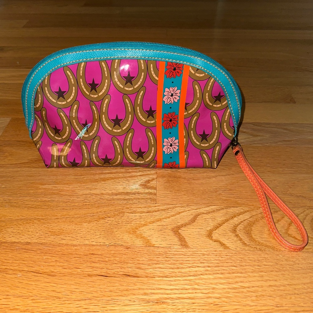Catchfly Vinyl Cosmetic Bag Wristlet Horseshoes Pink Turquoise
